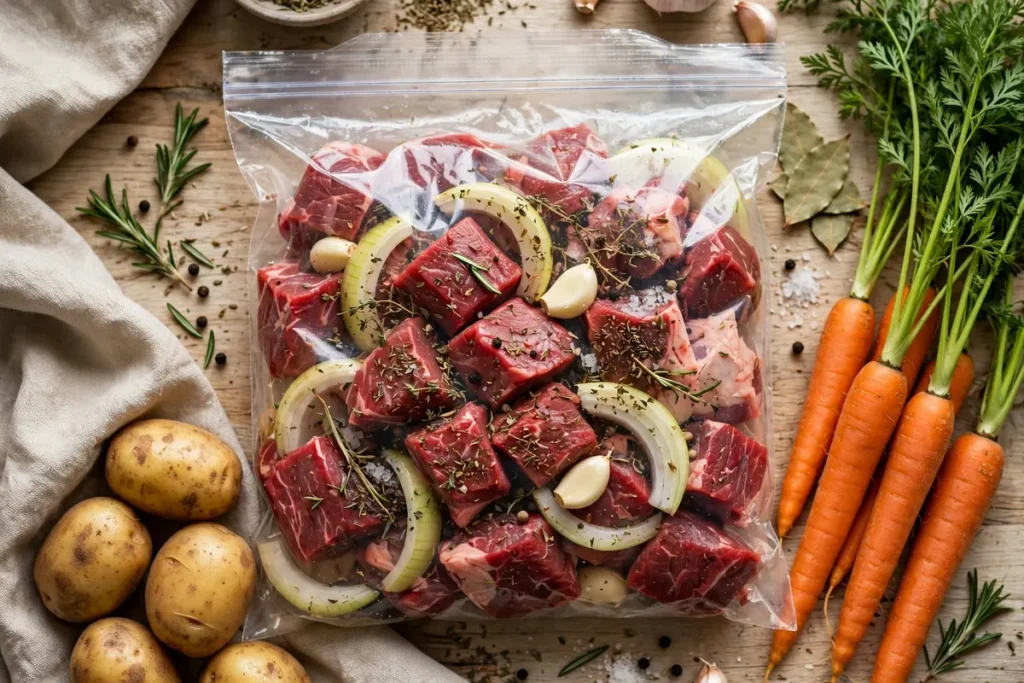 Freezer bag filled with raw beef stew ingredients for make-ahead meal prep