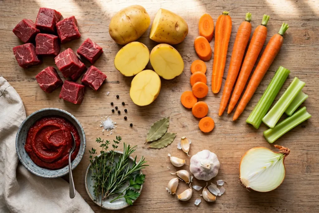 Ingredients for slow cooker beef stew: cubed chuck beef, potatoes, carrots, celery, onion and garlic