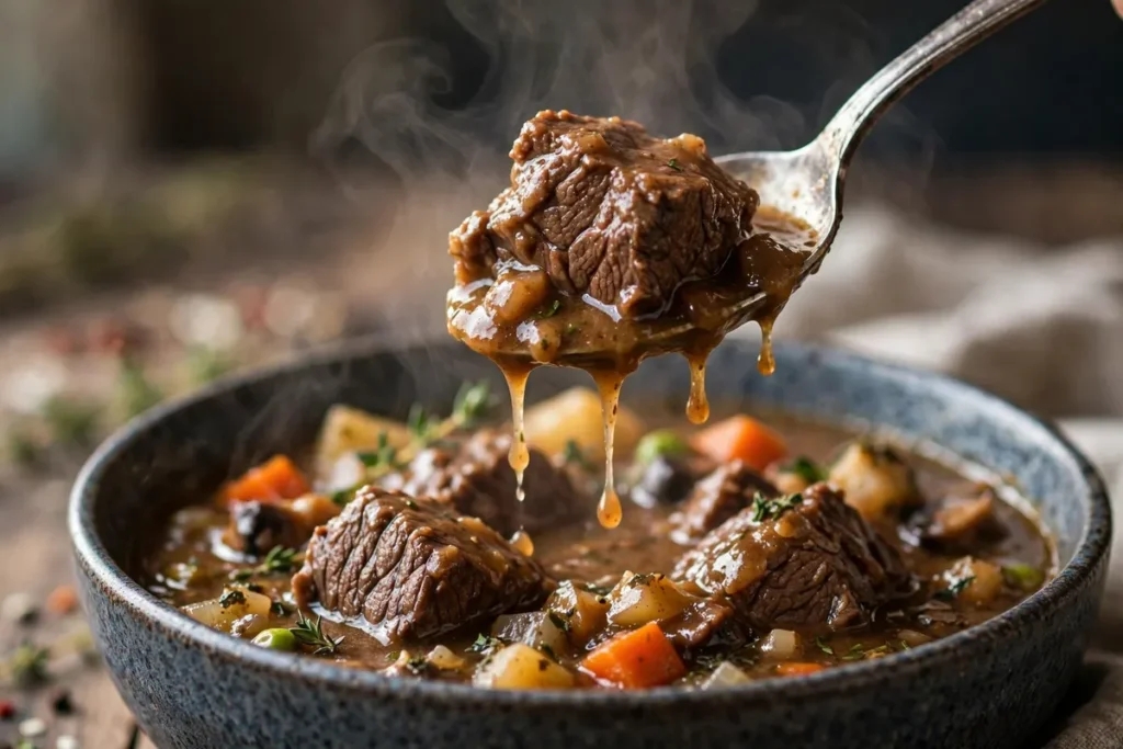 Spoon lifting a tender beef chunk from a bowl of slow cooker beef stew