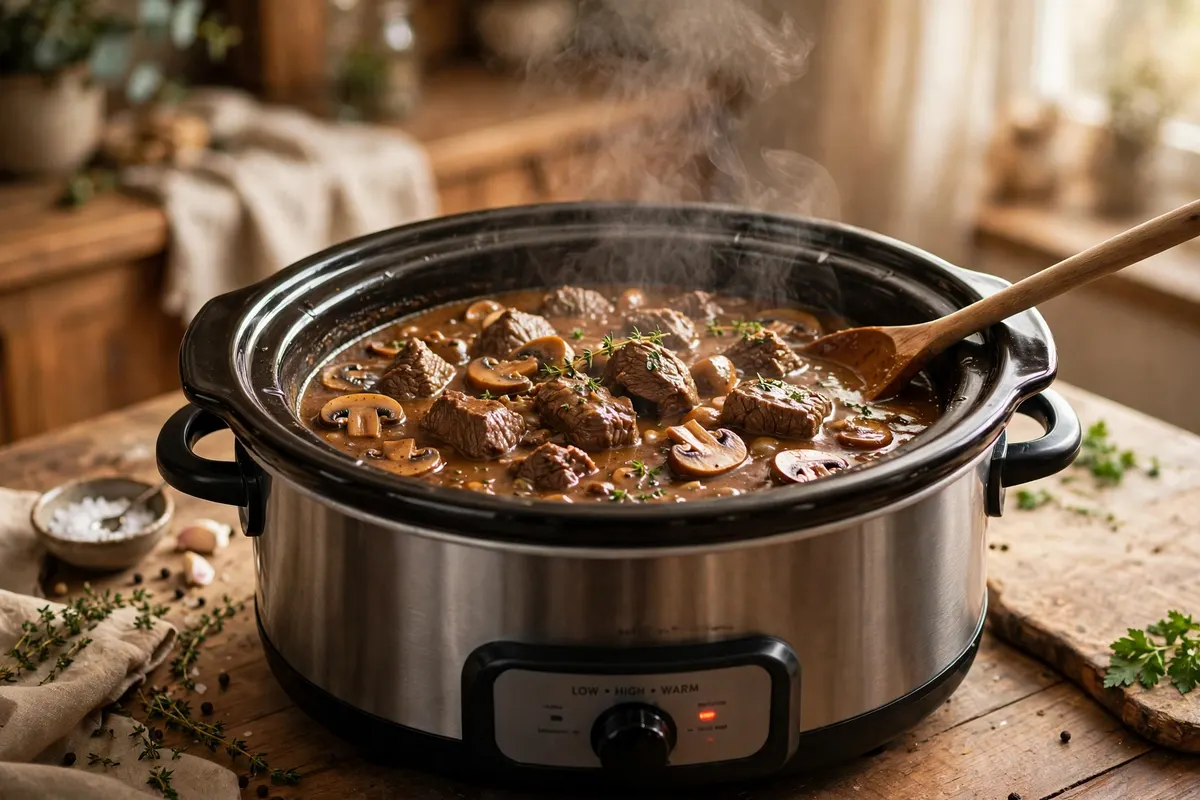 Beef tips and mushrooms simmering in gravy in a slow cooker