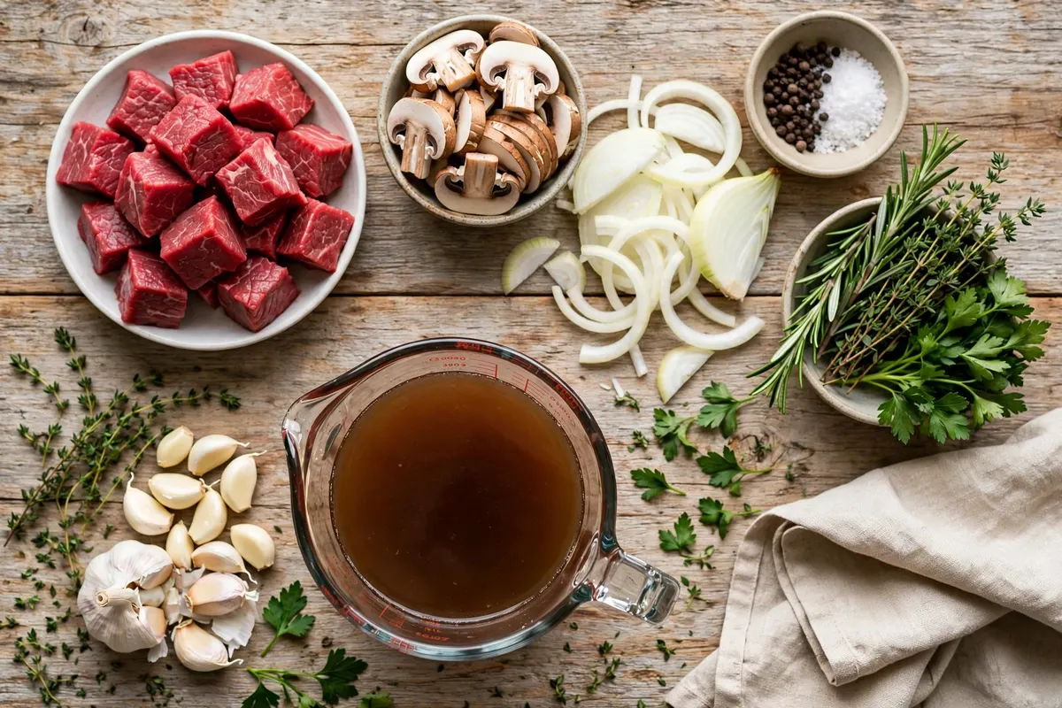 Ingredients for crock pot beef tips and gravy: cubed beef chuck, mushrooms, onion, garlic and beef broth