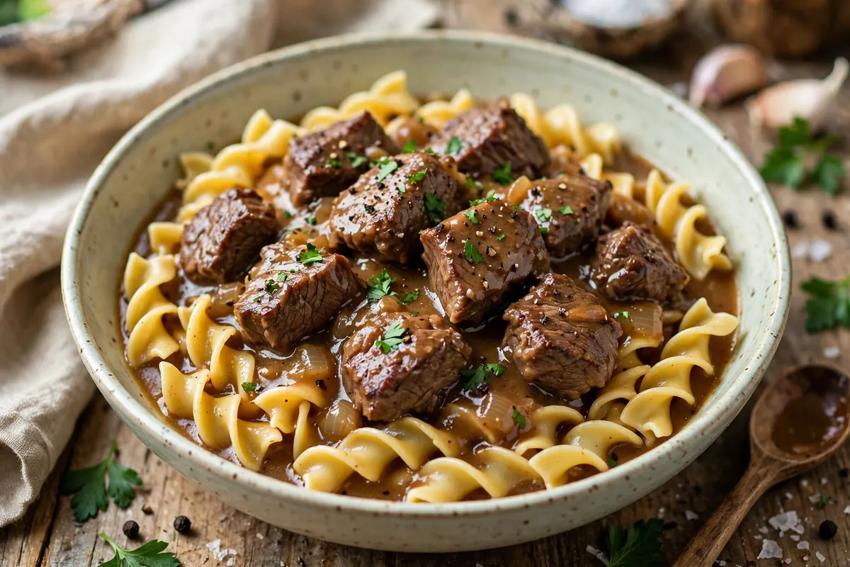 Beef tips and gravy served over buttered egg noodles