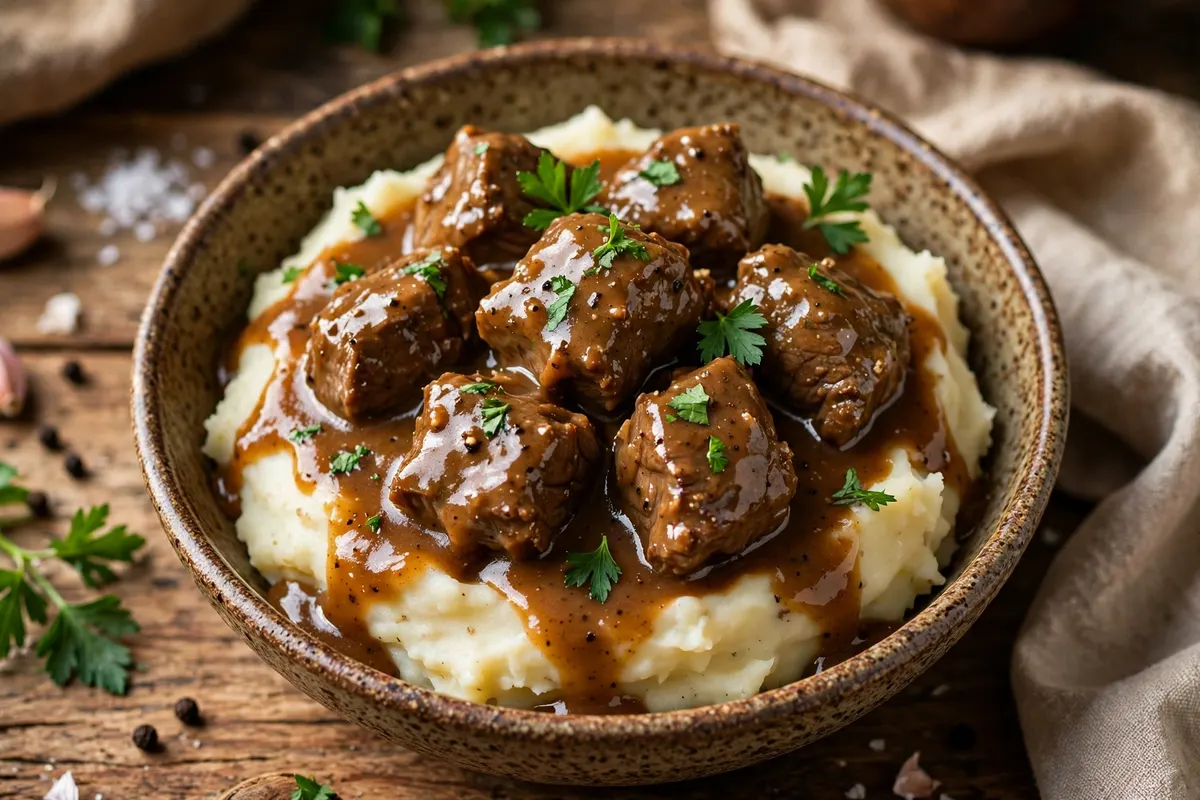 Beef tips and gravy spooned over creamy mashed potatoes in a rustic bowl
