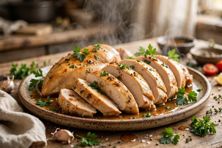 Sliced crock pot chicken breast on a serving platter