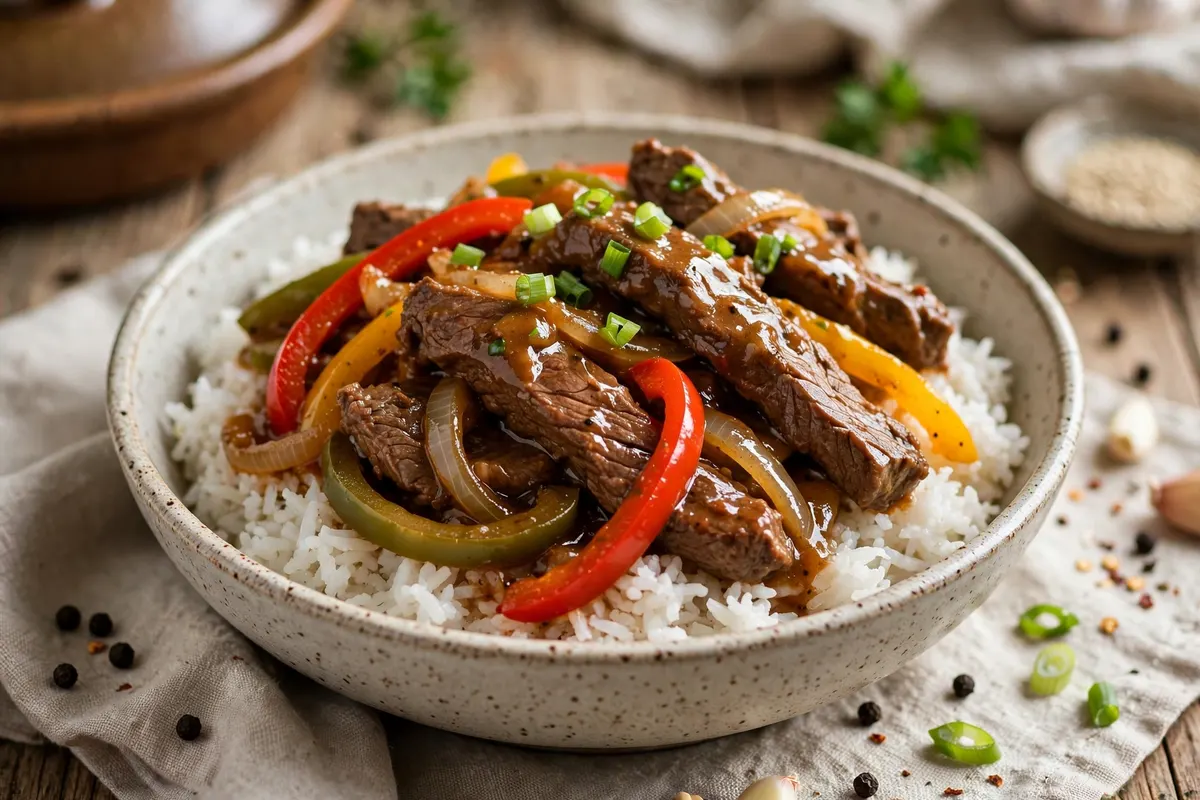 Crock Pot Pepper Steak 5 Crock pot pepper steak with tender beef strips and colorful bell peppers served over rice
