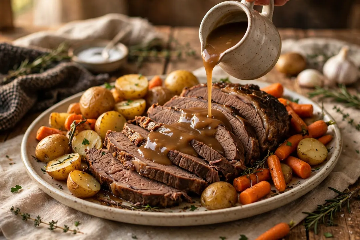 Sliced slow cooker pot roast with tender potatoes and carrots, gravy being poured over