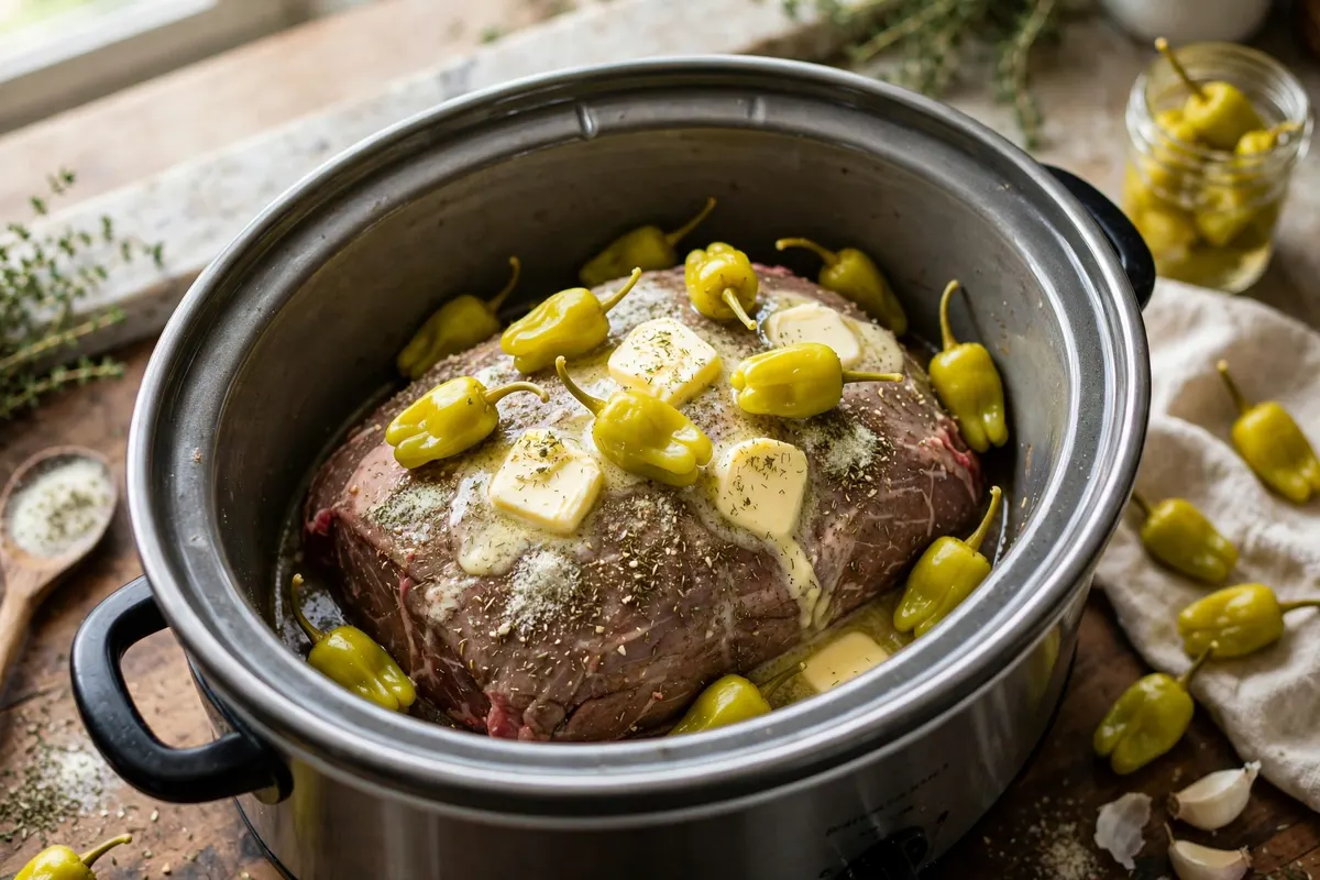 Chuck roast topped with butter and pepperoncini peppers in a slow cooker before cooking