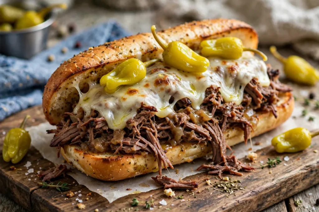 Mississippi pot roast sandwich with melted provolone cheese on a toasted hoagie roll