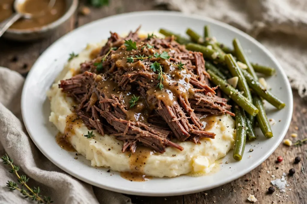 Shredded Mississippi pot roast served over mashed potatoes with gravy