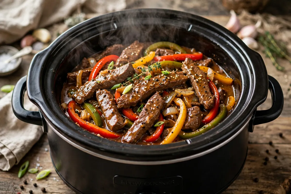 Crock Pot Pepper Steak 3 Pepper steak with colorful bell peppers cooking in a slow cooker