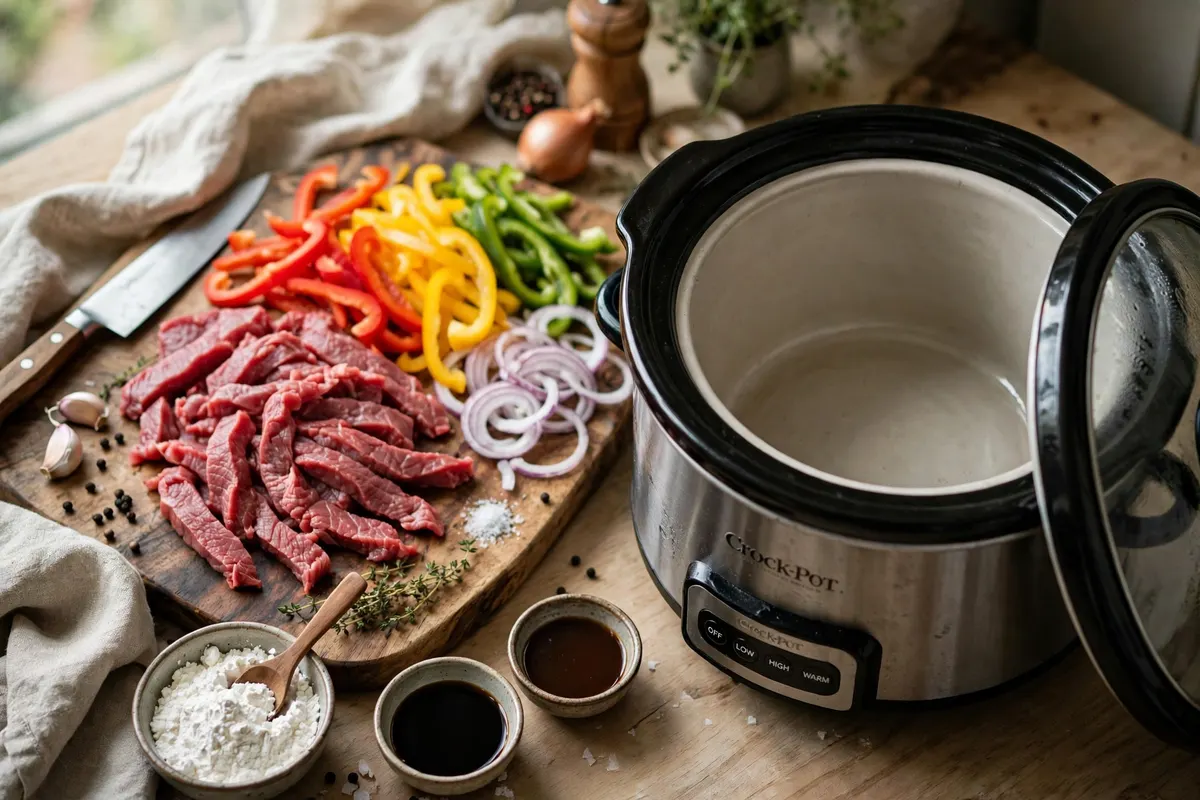 Crock Pot Pepper Steak 2 Ingredients for crock pot pepper steak: beef strips, bell peppers, onion and garlic