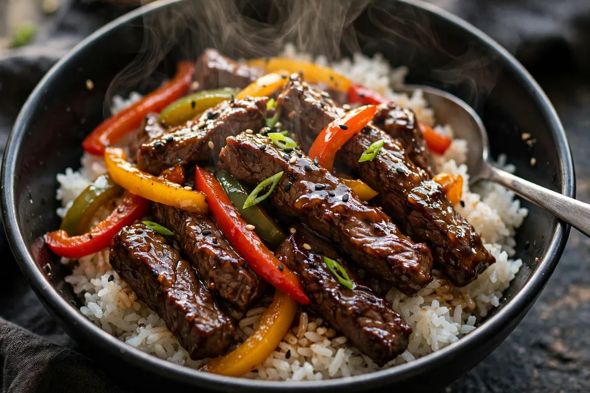 Crock Pot Pepper Steak 4 Pepper steak served over rice in a bowl with glossy savory sauce