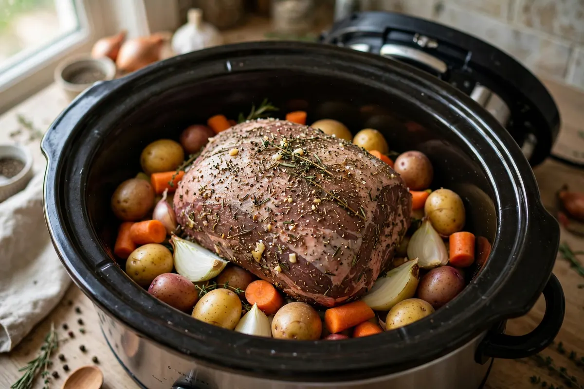 Seasoned chuck roast resting on potatoes, carrots and onions in a slow cooker before cooking