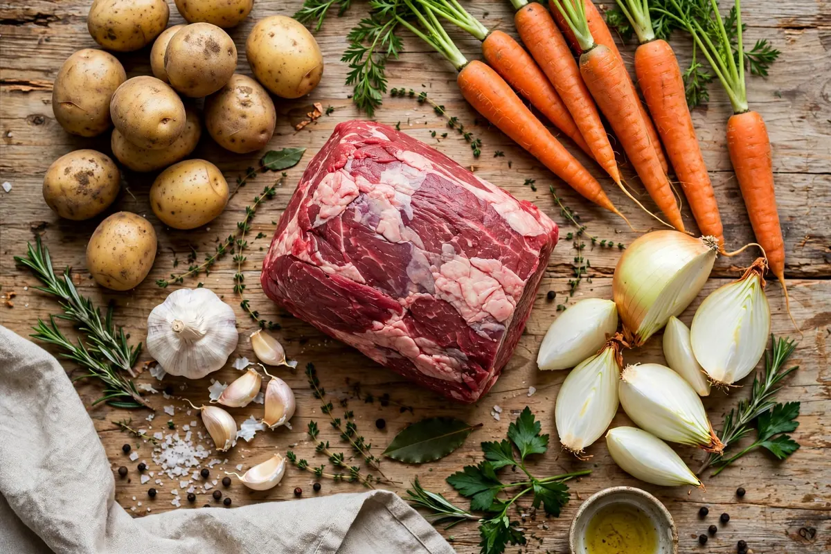 Ingredients for easy slow cooker pot roast: chuck roast, baby potatoes, carrots, onion and herbs