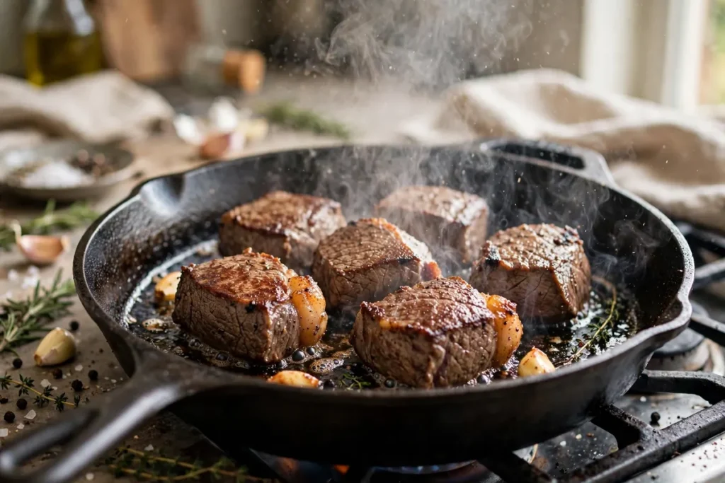 Beef chunks searing in a hot skillet until well browned