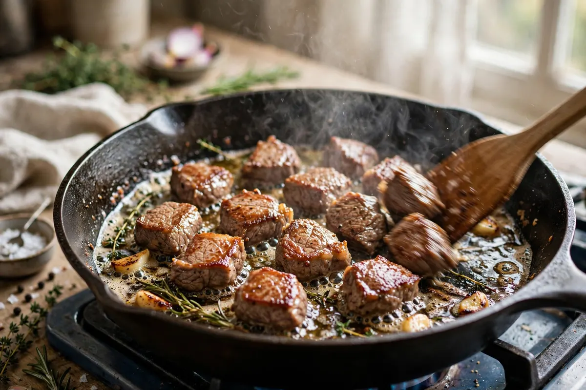 Beef tips searing in a hot skillet until browned