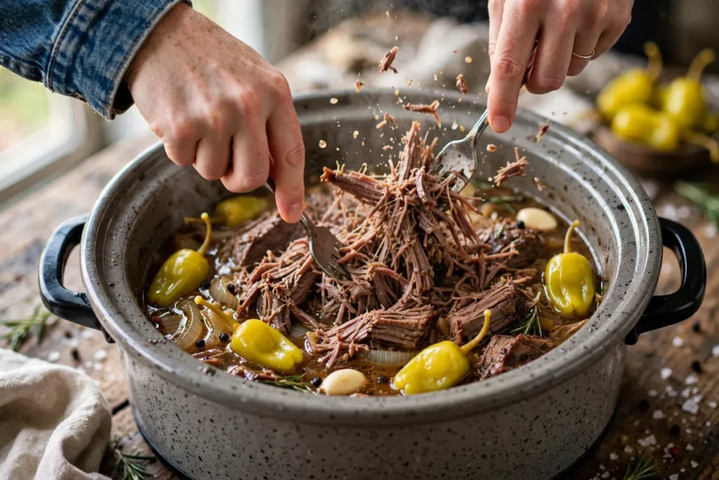 Shredding tender Mississippi pot roast with two forks in the slow cooker