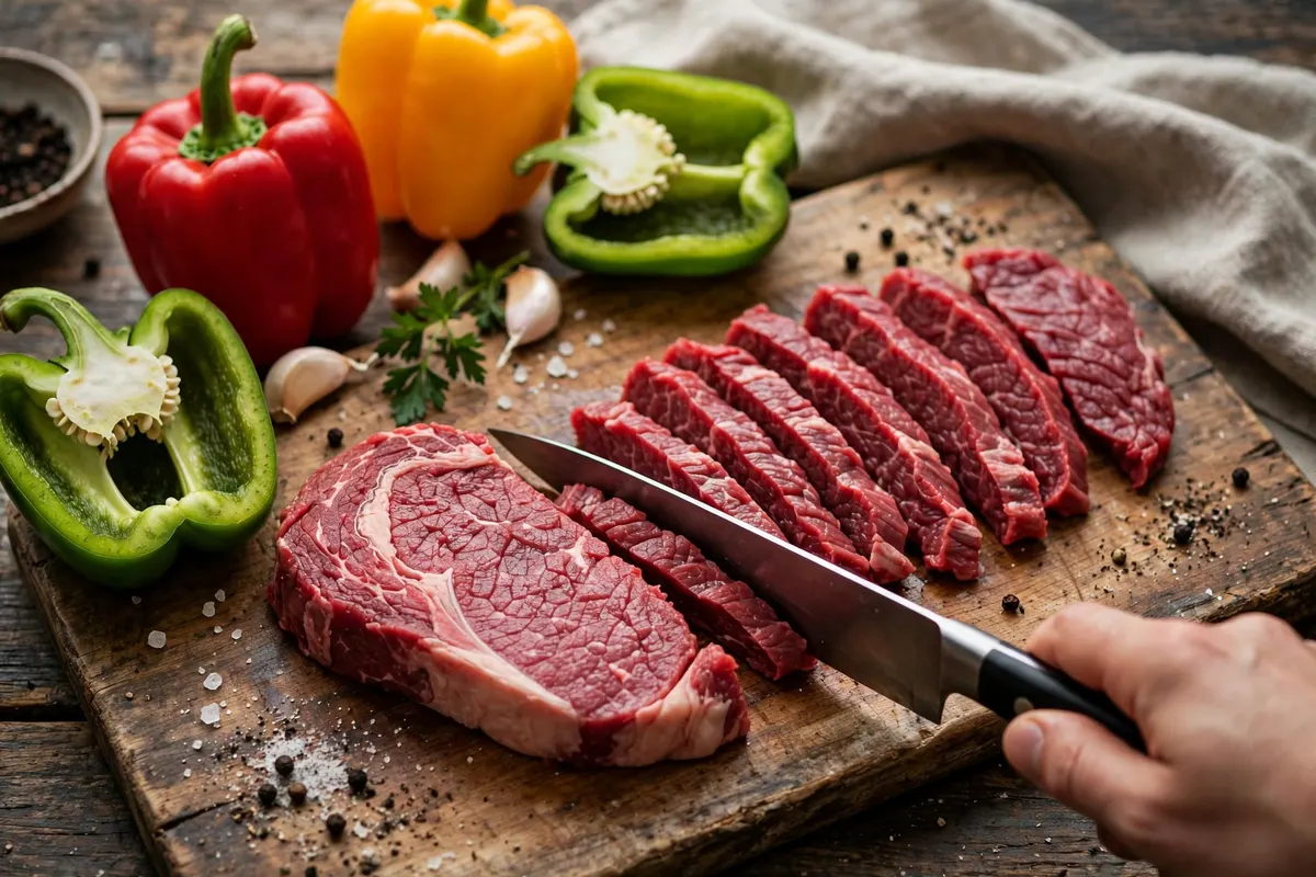 Crock Pot Pepper Steak 1 Slicing beef against the grain into thin strips for pepper steak
