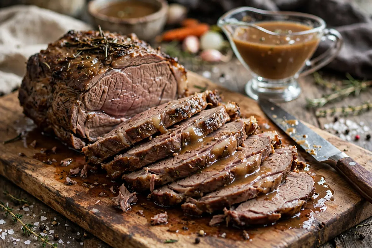 Slicing a tender slow cooker pot roast on a cutting board