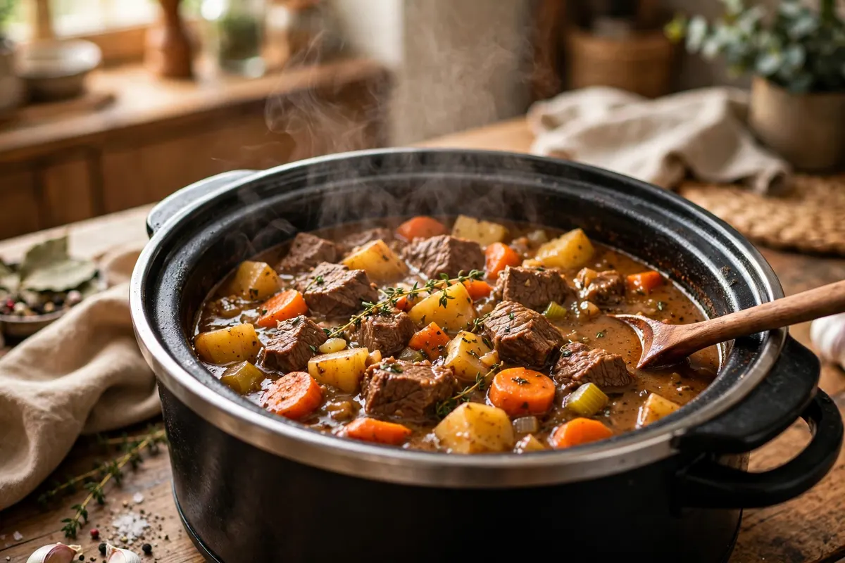 Beef stew cooking in a slow cooker with tender beef, potatoes and carrots