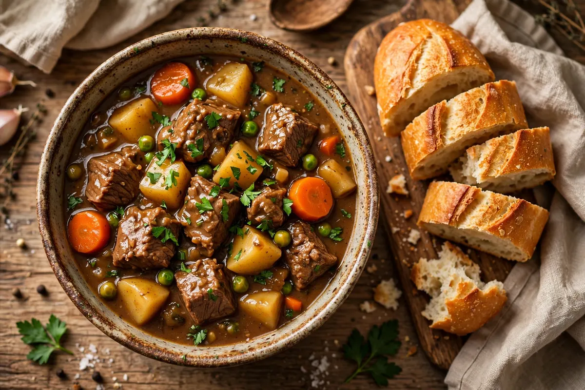 Slow cooker beef stew with tender beef chunks, potatoes, carrots and peas in rich gravy, served with crusty bread