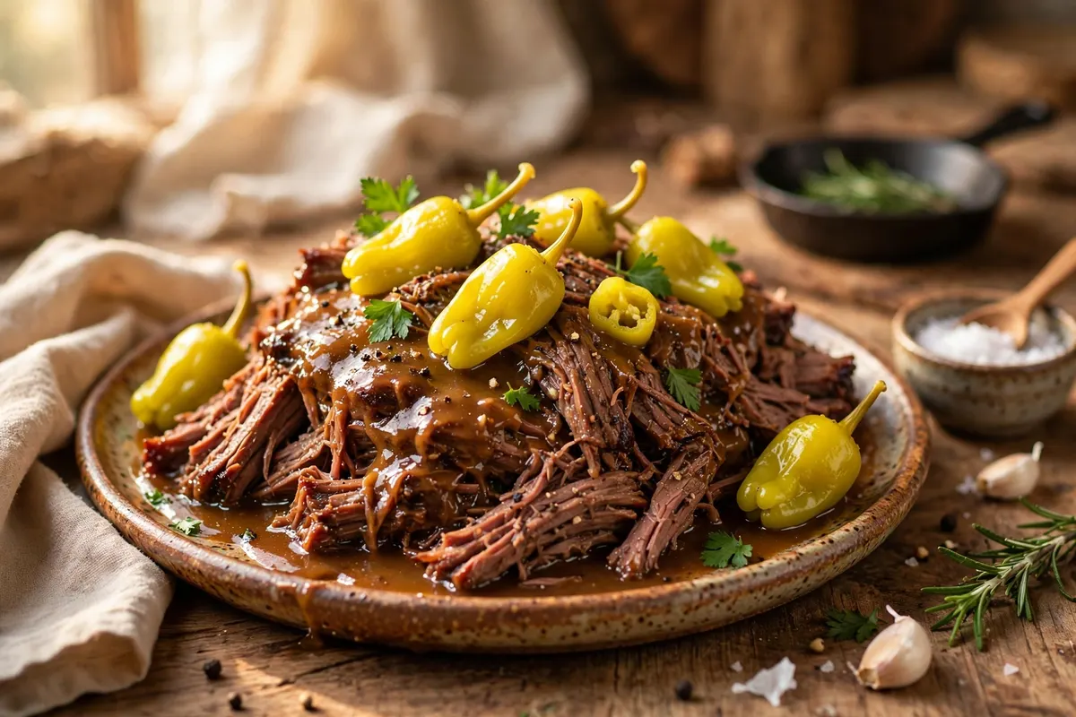 Shredded Mississippi pot roast with pepperoncini peppers in savory gravy on a serving platter